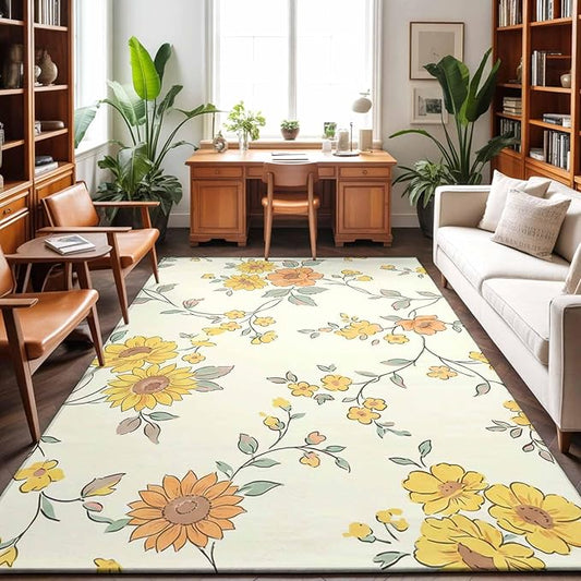 Area Rug 3x5ft, Orange Yellow Flowers Wild Vines Washable Rugs for Living Room Bedroom, Watercolor Floral Soft Non-Slip Area Rugs Rectangle Floor Carpet for Dining Room