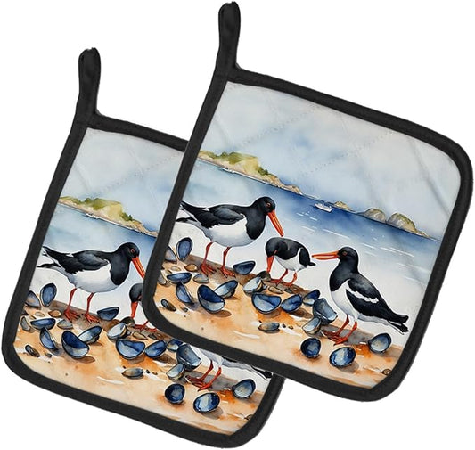 Caroline's Treasures Oystercatchers Feeding Pair of Pot Holders Kitchen Heat Resistant Pot Holders Sets Oven Hot Pads for Cooking Baking BBQ, 7 1/2 x 7 1/2