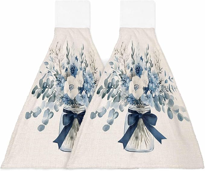 Alandar Home Kitchen Tie Towel Set of 2, Blue Eucalyptus Leaves Vase on Linen Absorbent Soft Hand Towels for Bathroom Hanging Towels, Spring Flower Leaf Fast Drying Cleaning Cloth with Loop