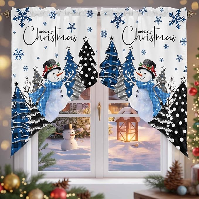 Prime Leader Merry Christmas Swag Valance Curains Snowflake Blue Xmas Tree Snowman Rod Pocket Kitchen Curtains Scalloped Window Treatment Valances Swag for Living Room Bedroom, 1 Pair, 36" W x 45" L