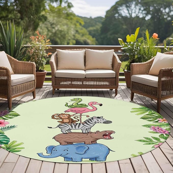 Washable Round Area Rug Funny Elephant Zebra Flamingo Circle Rugs Floor Carpet for Living Room Bedroom, Tropical Leaves Floral Soft Non Slip Round Rug 5ft