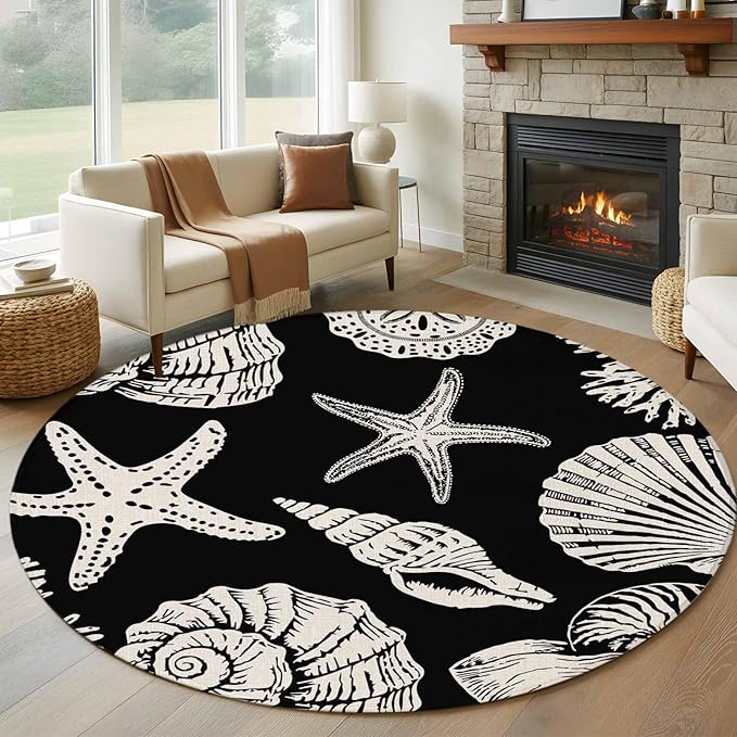 Washable Round Area Rug Marine Starfish Shell Conch Circle Rugs Floor Carpet for Living Room Bedroom, Ocean Life on Black Soft Non Slip Round Rug 5ft