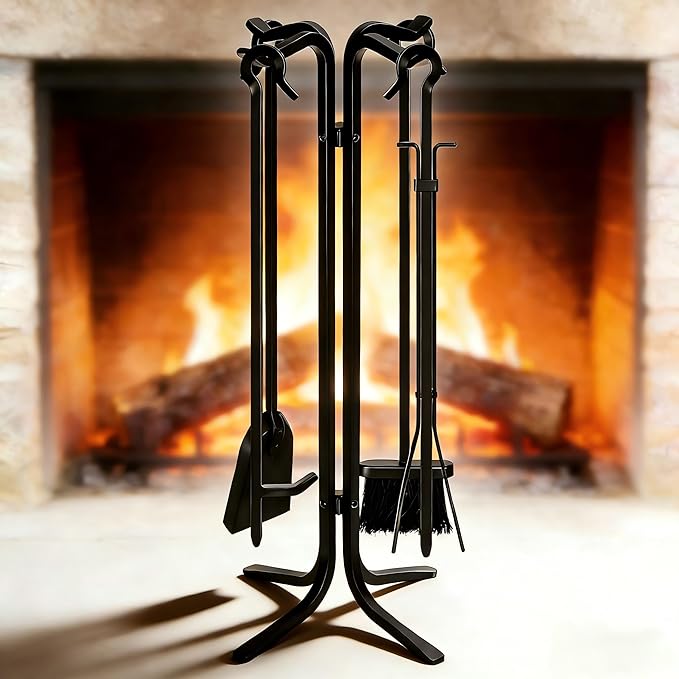 FEED GARDEN Hand Forged Iron Fireplace Tools Set 5-Piece Wrought Iron 28 Inch Fire Place Set Tools with Stand for Indoor Outdoor Heavy Duty Fireplace Accessories Poker, Tongs, Shovel, Brush, Base