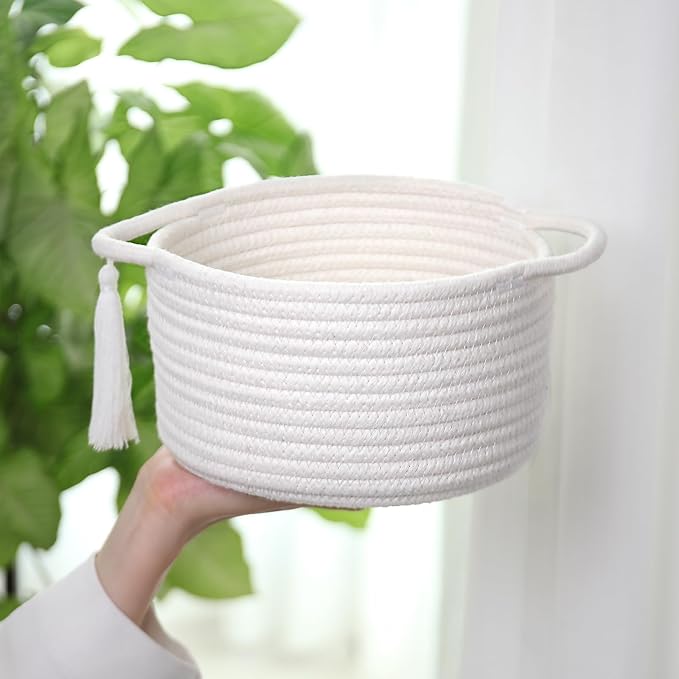 Gift Basket Empty Small - SweetMemo Cute Woven Rope Organizer Baskets for Baby Shower, Vanity, Makeup, Bathroom, Desk, Decor, Gifting - Small Decorative Storage Bins - Set of 2, Pre-Shaped, White