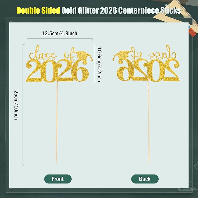 MixTeach 12 Pack Glitter Class of 2026 Graduation Centerpieces Sticks for Tables Double-Sided Congrats Grad Class of 2026 Cap Table Topper for Graduation Table Party Decoration Supplies (Gold)