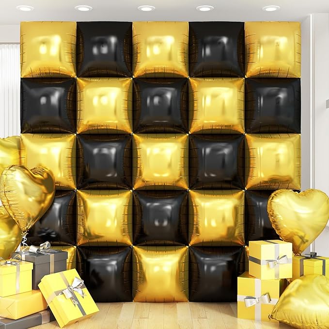 Black Gold Square Foil Balloon Wall,25Pcs Double Sided Balloon Backdrop Helium Balloons Tunnel Arch Garland Kit for 2026 New Year Eve Graduation Birthday Anniversary Party Decorations