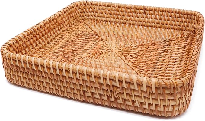 Rattan Storage Baskets, Rectangular Woven Baskets for Storage, Key Basket for Entryway, Decorative Storage Baskets for Organizing for Living Room, Bedroom, Kitchen(8.3" × 8.3" × 1.6")