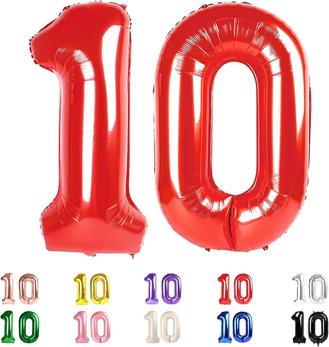 10 Balloons Number, 10th Birthday Decorations for Girl Boys, Happy 10th Birthday Red Balloons 40 In for Engagement, Wedding, Celebration Party, Graduations, Photo Shoot
