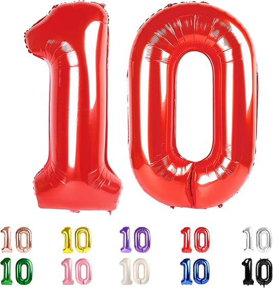 10 Balloons Number, 10th Birthday Decorations for Girl Boys, Happy 10th Birthday Red Balloons 40 In for Engagement, Wedding, Celebration Party, Graduations, Photo Shoot