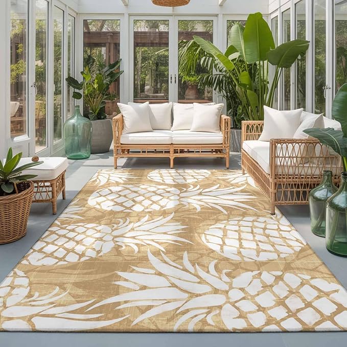Area Rug 3x5ft, Summer Fruit Pineapple Washable Rugs for Living Room Bedroom, Rustic Vintage Tropical Leaves Soft Non-Slip Area Rugs Rectangle Floor Carpet for Dining Room