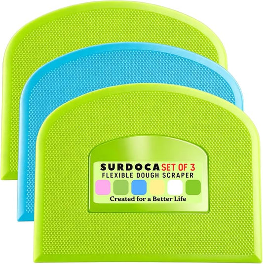 SURDOCA Dough Scraper Bench Scraper - 3P 9.5x6.1" Plastic Flexible Bowl Scraper, Sharp Edge & Angles Cake Scraper. Non-Slip Bakeware Decorating Tools Sculpting & Modeling Tools - Green+Blue+Green
