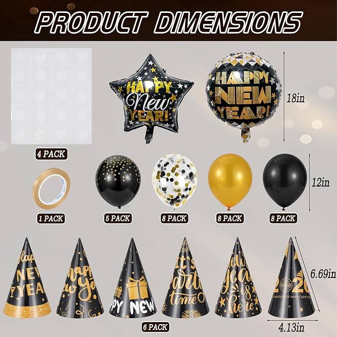 New Years Eve Party Supplies 2026, Black Gold New Years Foil Balloon Decorations Banner Hats Glasses Noisemakers Blowouts Curtains Numbers 2026 Balloons Photo Props for NYE Party Decorations