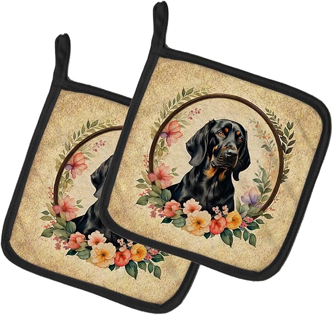 Caroline's Treasures Black and Tan Coonhound and Flowers Pair of Pot Holders Kitchen Heat Resistant Pot Holders Sets Oven Hot Pads for Cooking Baking BBQ, 7 1/2 x 7 1/2