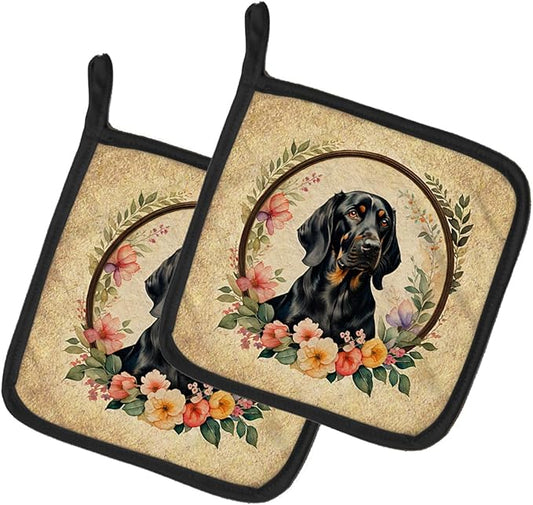 Caroline's Treasures Black and Tan Coonhound and Flowers Pair of Pot Holders Kitchen Heat Resistant Pot Holders Sets Oven Hot Pads for Cooking Baking BBQ, 7 1/2 x 7 1/2