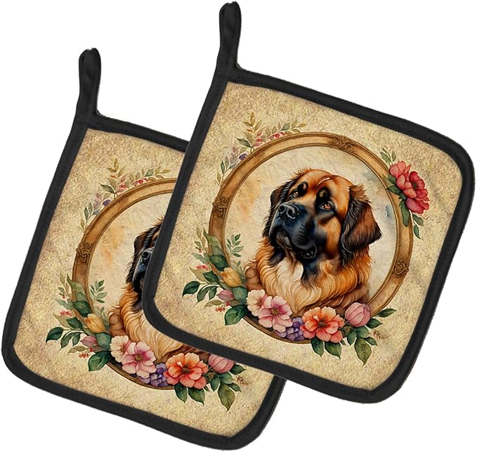 Caroline's Treasures Leonberger and Flowers Pair of Pot Holders Kitchen Heat Resistant Pot Holders Sets Oven Hot Pads for Cooking Baking BBQ, 7 1/2 x 7 1/2