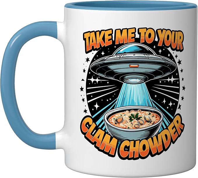 Take Me to Your Clam Chowder UFO Abduction Clam Chowder Ceramic Mug, Blue/White