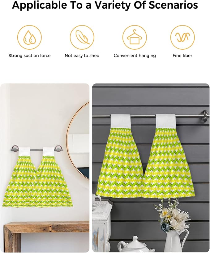 Alandar Home Kitchen Tie Towel Set of 1, Modern Chevron Striped Geometric Art Absorbent Soft Hand Towels for Bathroom Hanging Towels, Yellow Green Fast Drying Cleaning Cloth with Loop