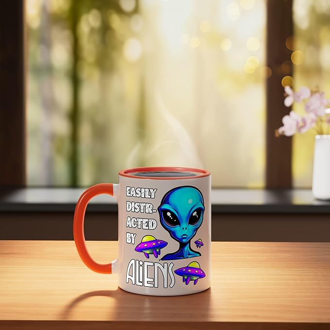 Easily Distracted By Aliens Funny Sci Fi Apparel Design Ceramic Mug, Orange/White