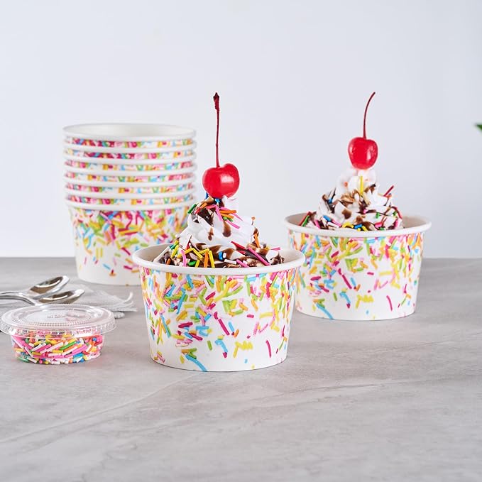 Coppetta 8 Ounce Dessert Cups, 200 Greaseproof Ice Cream Cups - Lids Sold Separately, For Hot And Cold Foods, White Paper Yogurt Bowls, Party Sprinkle Design, Disposable, Sturdy - Restaurantware