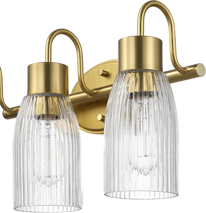 Globe Electric 63000208 5-Piece All-in-One Bathroom Accessory Set with 19" 3-Light Vanity Light, Matte Brass, Ribbed Glass Shades, Towel Bar, Robe Hook, Toilet Paper Holder, Towel Ring, Powder Room