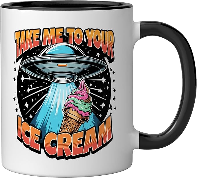Take Me to Your Ice Creams UFO Abduction Funny Ice Cream Ceramic Mug, Black/White