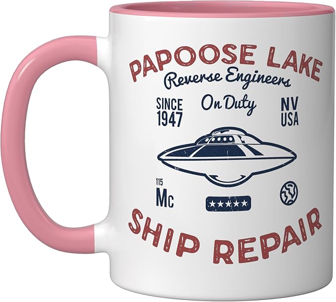 Flying Saucer Papoose Lake Ship Repair Funny UFO Ceramic Mug, Pink/White