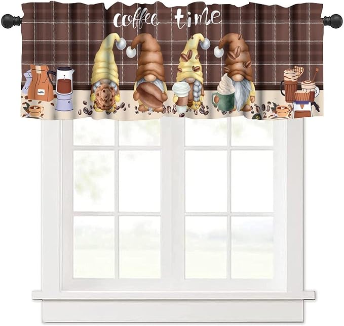 Coffee Gnome Curtain Valance, Rustic Vintage Brown Plaid Beans Drinks Latte Cappuccino Farmhouse Country Short Window Drapes for Kitchen Cafe Dining Room Bedroom Living Room, 54x18Inch