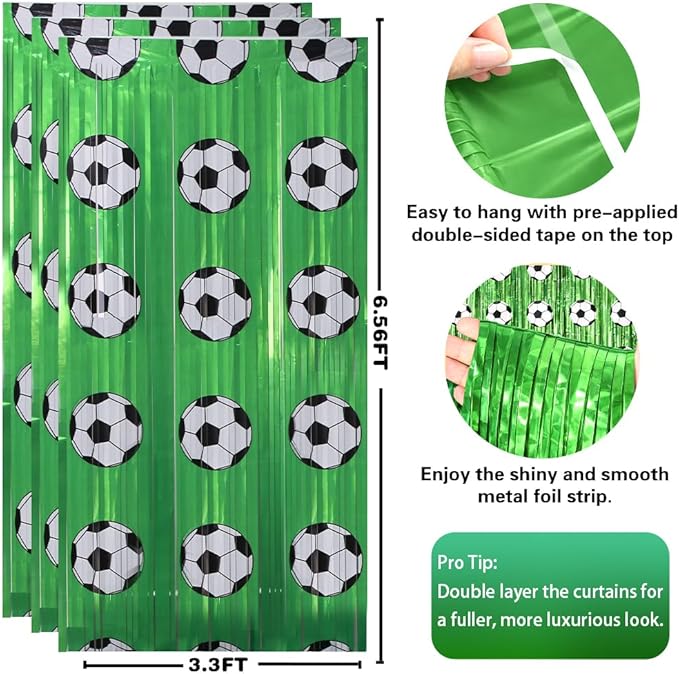 Soccer Birthday Party Decorations - Green White Tinsel Streamers Backdrop Banner | Soccer Theme Party Favors Supplies Indoor Outdoor - World Soccer Cup 2026 Birthday Accessories Decor for Wall Door