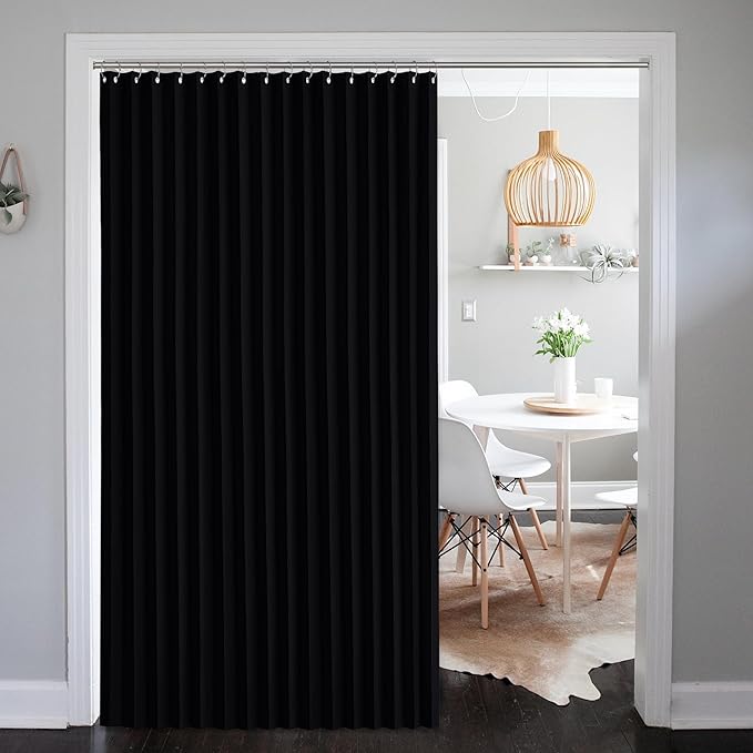 NICETOWN Patio Sliding Door Curtain 100 x 84, Blackout Thermal Pleated Shades with 21 Stainless Rings, Room Divider Curtain for Bedroom/Glass Door, Black Privacy Drape for Large Window, 1 Panel