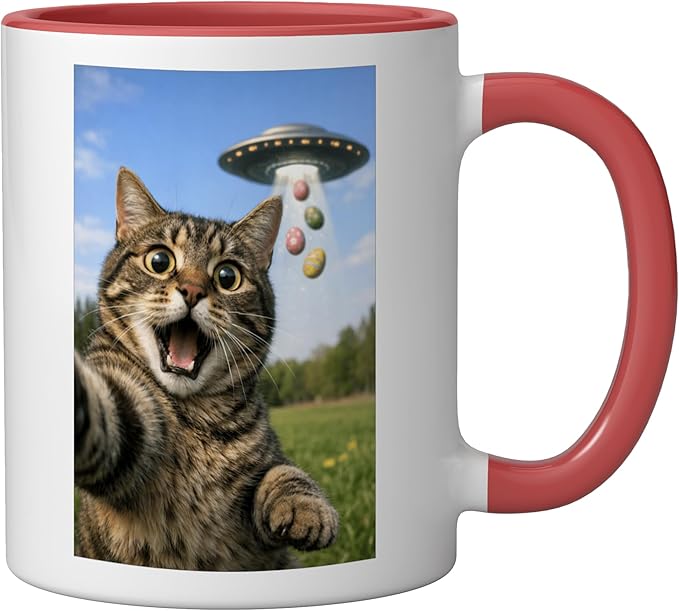 Funny Cat Selfie with Easter Eggs UFO for Men Women Kids Ceramic Mug, Red/White