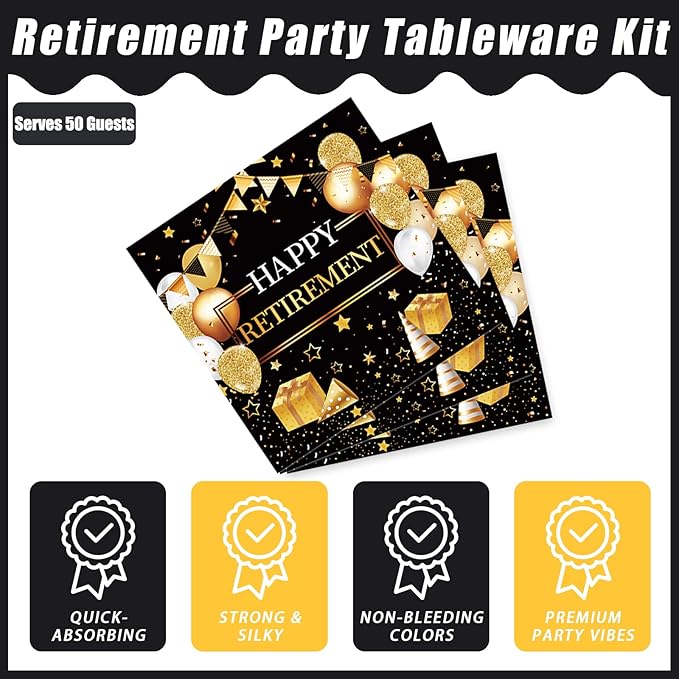 200 Pcs Retirement Party Plates and Napkins Set, Happy Retirement Party Supplies Decorations for Men Women Gold and Black Farewell Going Away Disposable Dinnerware Tableware Kit, Serves 50