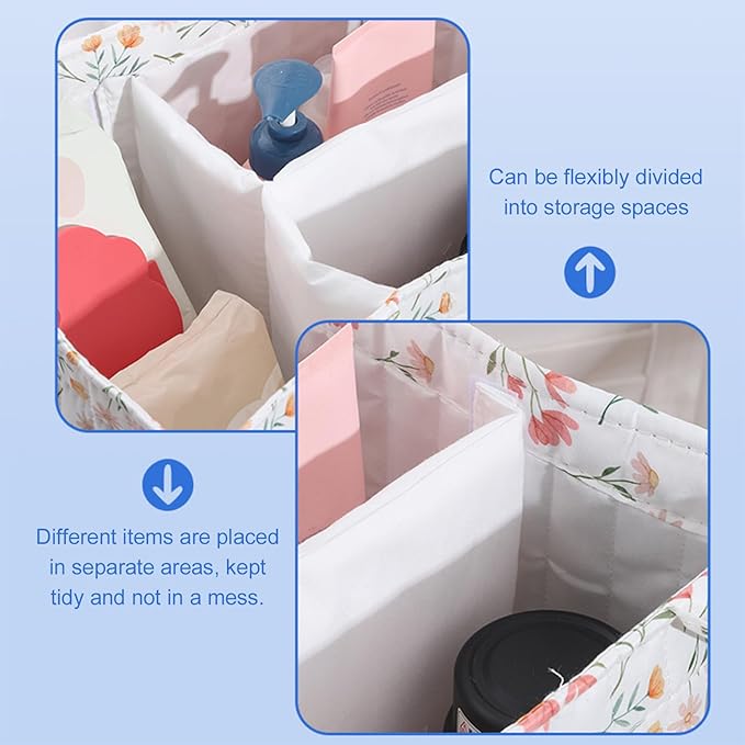 Quilted Fabric Storage Basket Floral Baby Diaper Caddy Quilted Basket Organizer for Newborn Nursery Bedroom Car Storage
