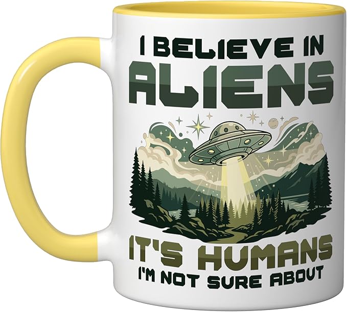 Alien Believer UFO Extraterrestrial Space Lover Ceramic Mug, Yellow/White