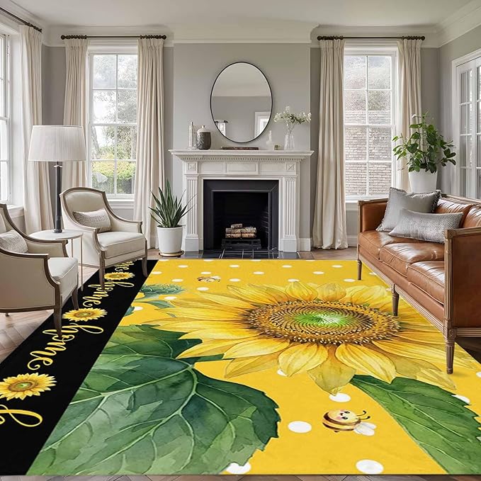 Area Rug 9x12ft, Summer Watercolor Sunflowers Bees Washable Rugs for Living Room Bedroom Rectangle Floor Carpet, Farmhouse Floral Art Soft Non-Slip Area Rugs for Dining Room