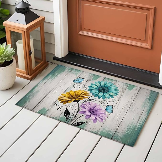 Area Rug 2x3ft, Farm Flower Daisy Retro Wood Barn Washable Rugs for Living Room Bedroom, Blossom Flower Butterfly Soft Non-Slip Area Rugs Rectangle Floor Carpet for Dining Room