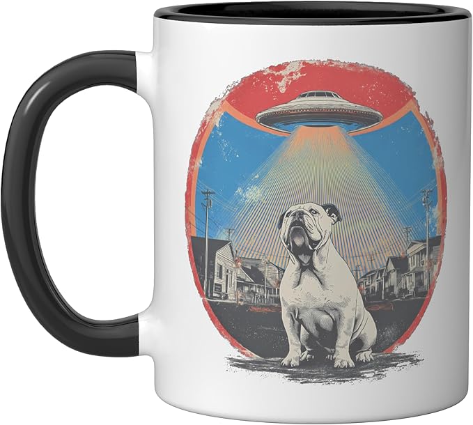 Retro UFO Bulldog Abduction Vintage Sci Fi Alien Invasion Ceramic Mug, Black/White