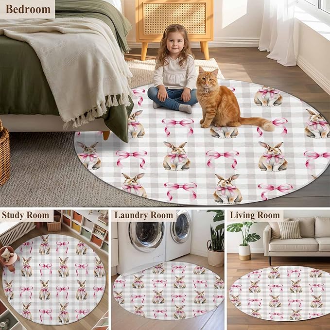 Washable Round Area Rug Easter Rabbit Pink Bow Circle Rugs Floor Carpet for Living Room Bedroom, Seamless Bunny Gray Buffalo Plaid Soft Non Slip Round Rug 3ft