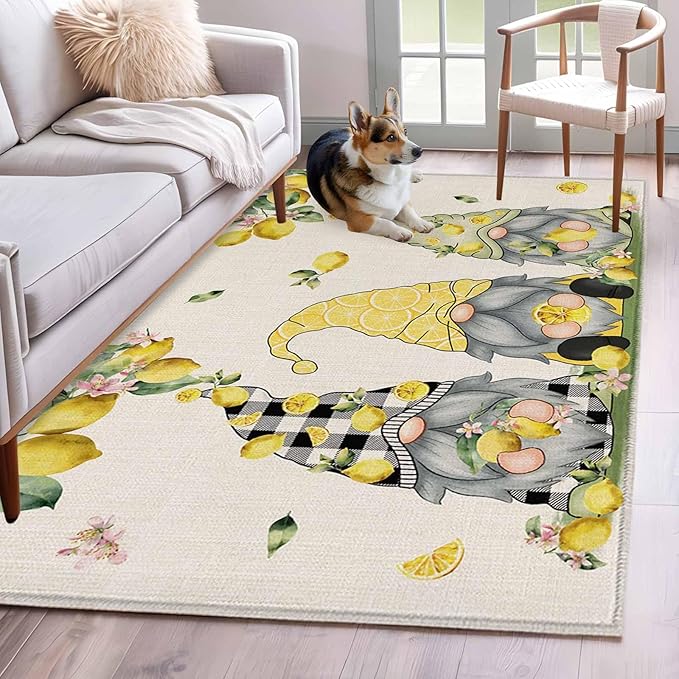 Area Rug 4x6ft, Summer Gnome with Lemon Washable Rugs for Living Room Bedroom, Farmhouse Dwarf Fruit on Linen Soft Non-Slip Area Rugs Rectangle Floor Carpet for Dining Room