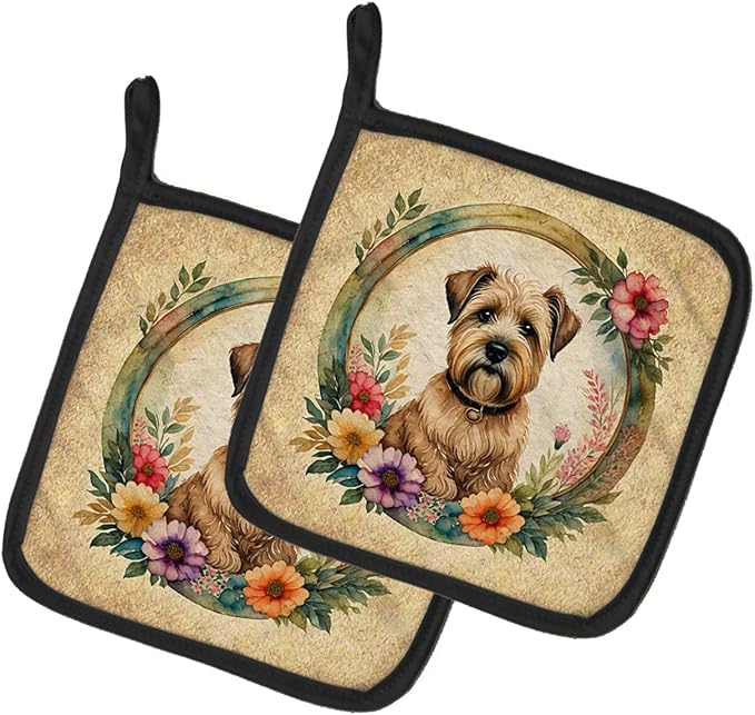 Caroline's Treasures Wheaten Terrier and Flowers Pair of Pot Holders Kitchen Heat Resistant Pot Holders Sets Oven Hot Pads for Cooking Baking BBQ, 7 1/2 x 7 1/2