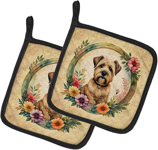 Caroline's Treasures Wheaten Terrier and Flowers Pair of Pot Holders Kitchen Heat Resistant Pot Holders Sets Oven Hot Pads for Cooking Baking BBQ, 7 1/2 x 7 1/2