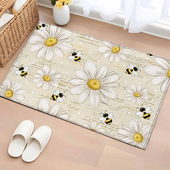 Area Rug 2x3ft, Retro Watercolor White Floral Bee Washable Rugs for Living Room Bedroom, Summer Daisy Letter Texture Soft Non-Slip Area Rugs Rectangle Floor Carpet for Dining Room