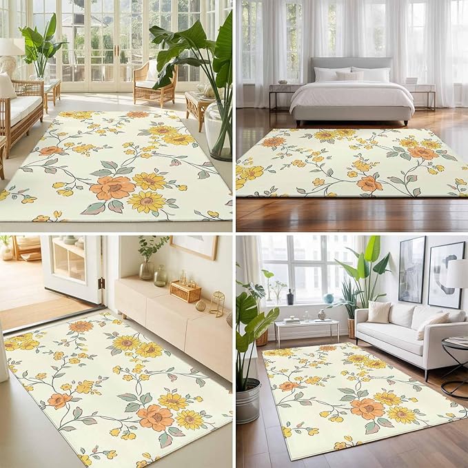 Area Rug 3x5ft, Orange Yellow Flowers Wild Vines Washable Rugs for Living Room Bedroom, Watercolor Floral Soft Non-Slip Area Rugs Rectangle Floor Carpet for Dining Room