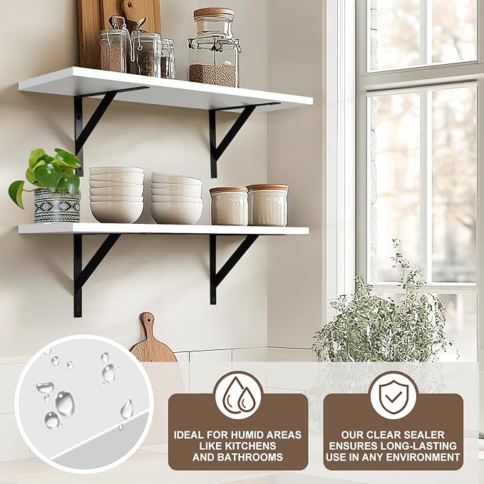 Tectocker-DOU Heavy Duty Long Wall Shelves Set of 2, Floating Shelves Wall Mounted with Industrial Brackets, 40lbs Capacity Shelves for Laundry Room, Kitchen, Bathroom, Living Room (24"*8",White)