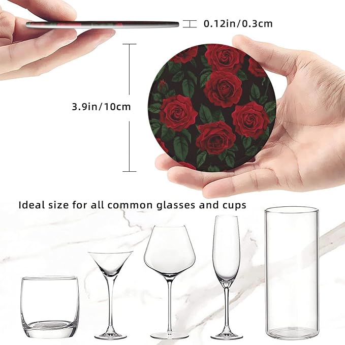 Red Roses Leather Drinks Coasters with Holder, Set of 6, Suitable for Various Cups