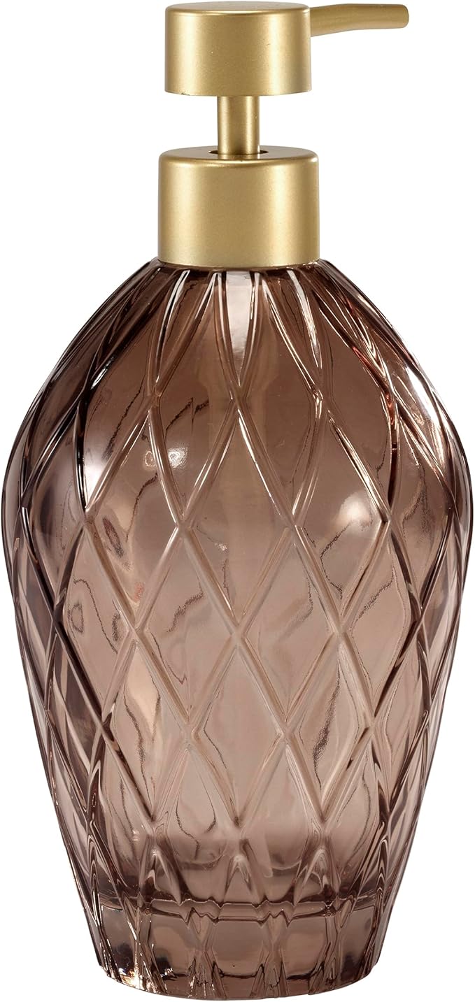 Nicole Miller – Lotion Pump, Embossed Glass with Matte Gold-Tone Pump, Soap or Lotion Dispenser for Bathroom, Kitchen or Vanity (Bijou Brown)