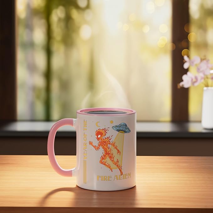 Year of the Fire Alien Chinese Zodiac Celestial Astrology Ceramic Mug, Pink/White
