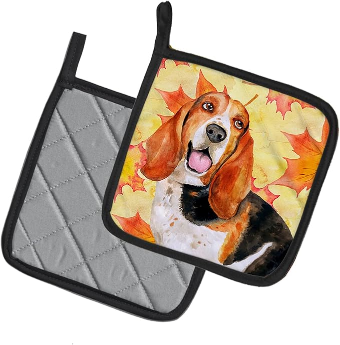 Caroline's Treasures BB9965PTHD Basset Hound Fall Pair of Pot Holders, Yellow Kitchen Heat Resistant Pot Holders Sets Oven Hot Pads for Cooking Baking BBQ, 7 1/2 x 7 1/2