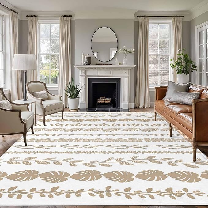 Area Rug 9x12ft, Farmhouse Monstera Leaf Seamless Washable Rugs for Living Room Bedroom Rectangle Floor Carpet, Summer Rustic Abstract Leaves Soft Non-Slip Area Rugs for Dining Room