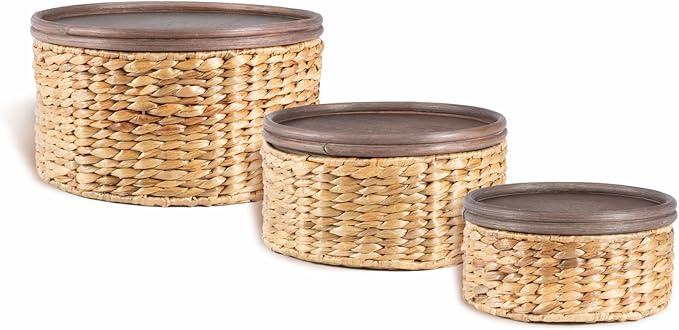 happimess BSK1004A-3SET Gouda Southwestern Hand-Woven Hyacinth Circular Nesting Wicker Storage Baskets with Wood Lids, Seagrass Container for Decoration in Bathroom, Bedroom, Closet,Natural (Set of 3)