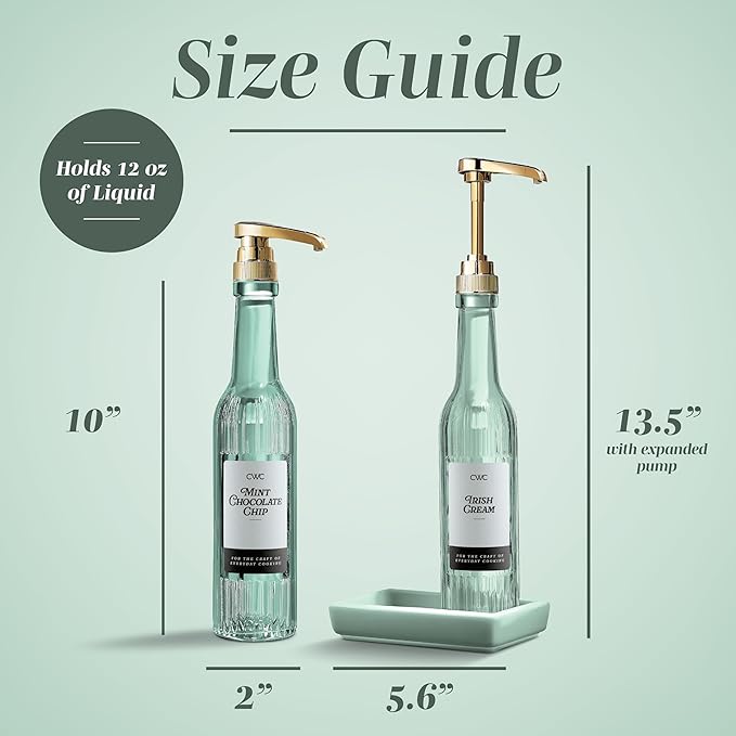 COOK WITH COLOR Glass Coffee Syrup Dispenser with Pump- Set of 2 Syrup Bottles for Coffee Bar, Decorative 350 ML Bottle with Ceramic Holder, Funnel, Labels and Extra Pumps, Textured Sage
